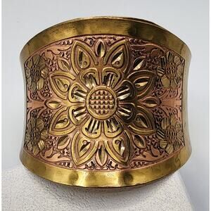 Vintage Brass Copper Cuff – 1970s Boho Sunflower Wide Bracelet Adjustable Fit